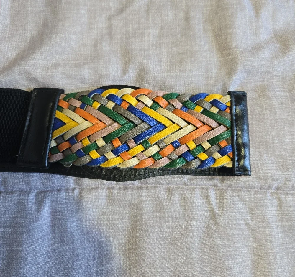 Source Unknown Multicolor Braided Elastic Belt with Black Faux-Leather Center